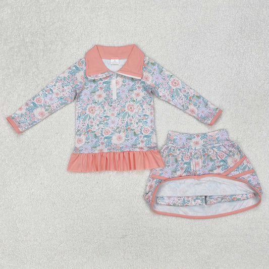 GLD1010 Orange Pink Green Flower leaf ruffle stand-up long sleeve Top skirts girls boutique summer sets 202503 RTS