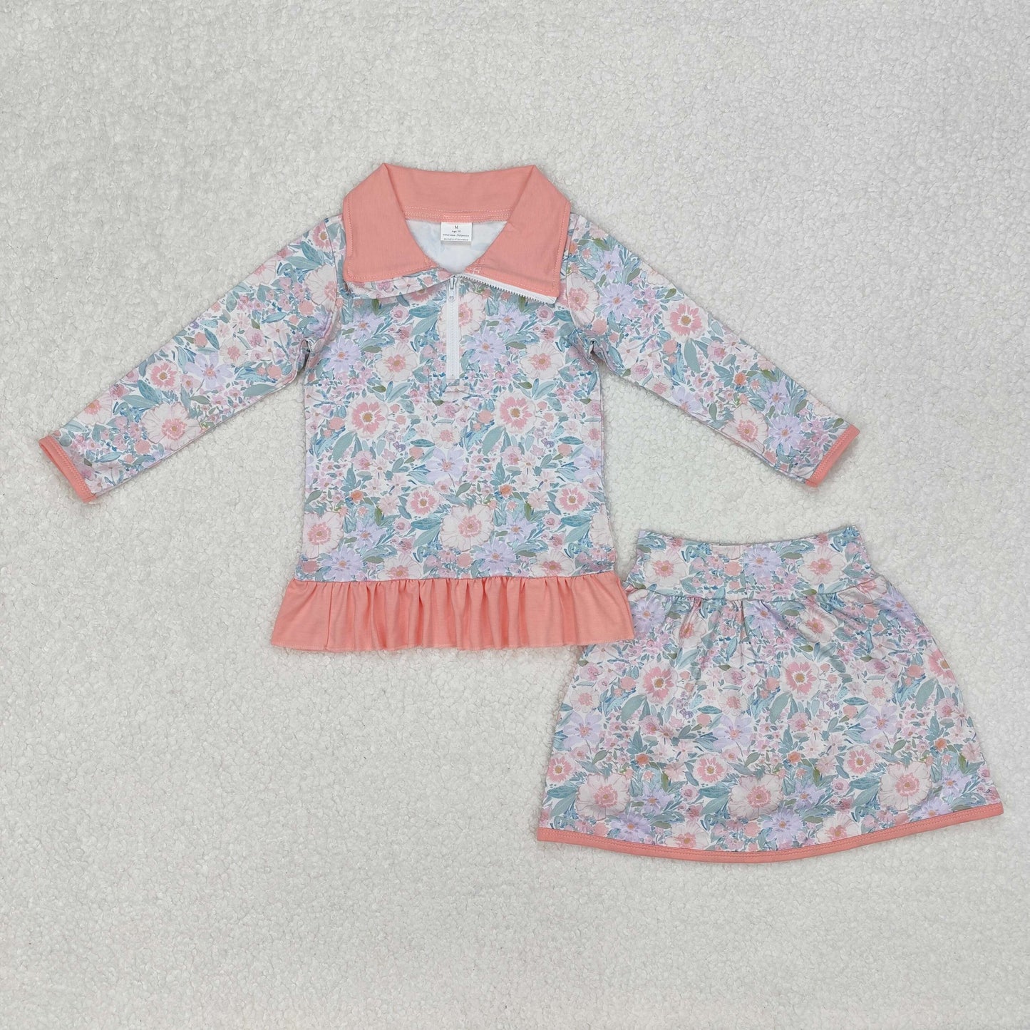 GLD1010 Orange Pink Green Flower leaf ruffle stand-up long sleeve Top skirts girls boutique summer sets 202503 RTS