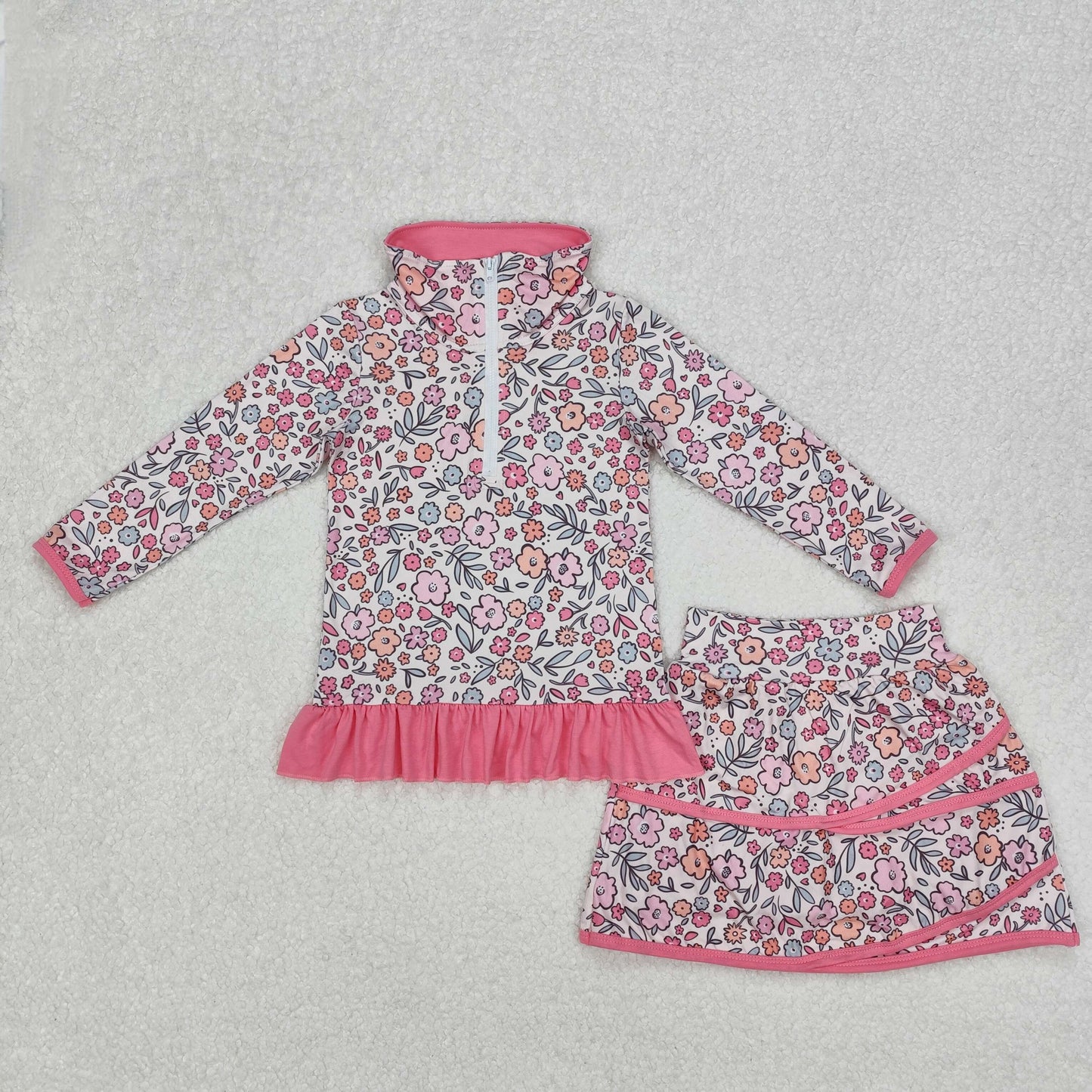 GLD1011 Hot Pink Flower ruffle stand-up long sleeve Top skirts boutique summer sets 202503 RTS