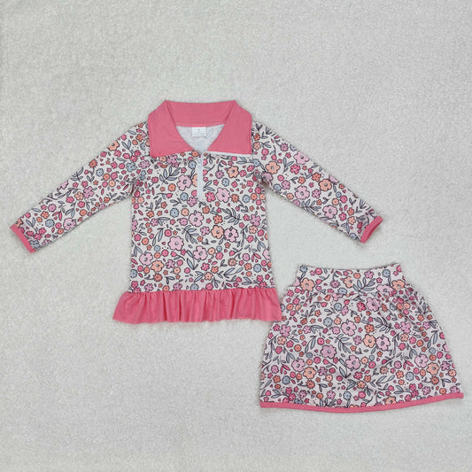 GLD1011 Hot Pink Flower ruffle stand-up long sleeve Top skirts boutique summer sets 202503 RTS