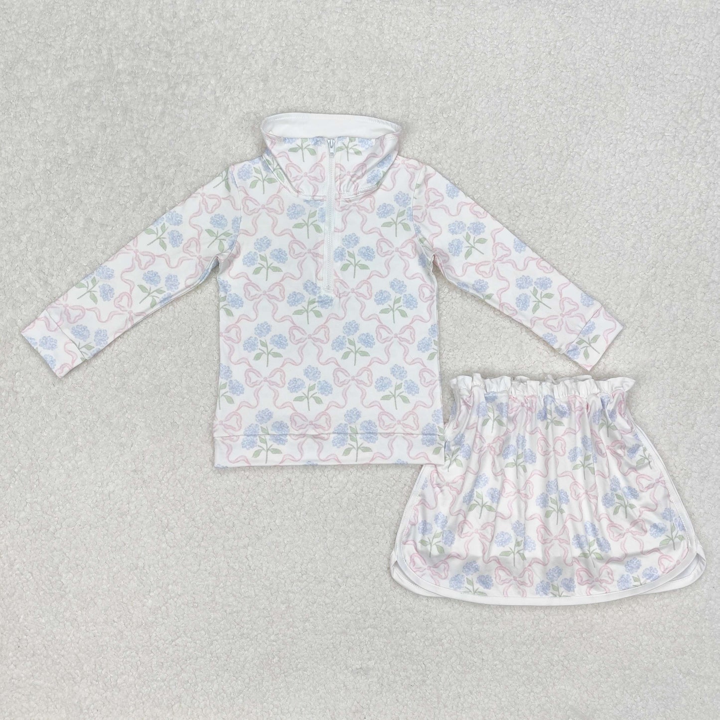 GLD1012 Baby girl Light Pink Bow stand-up long sleeve Top skirts boutique summer sets 202503 RTS