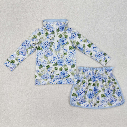 GLD1016 Blue White Flower hydrangea Zip stand-up long sleeve Top ruffle skirts girls boutique summer sets 202503 RTS