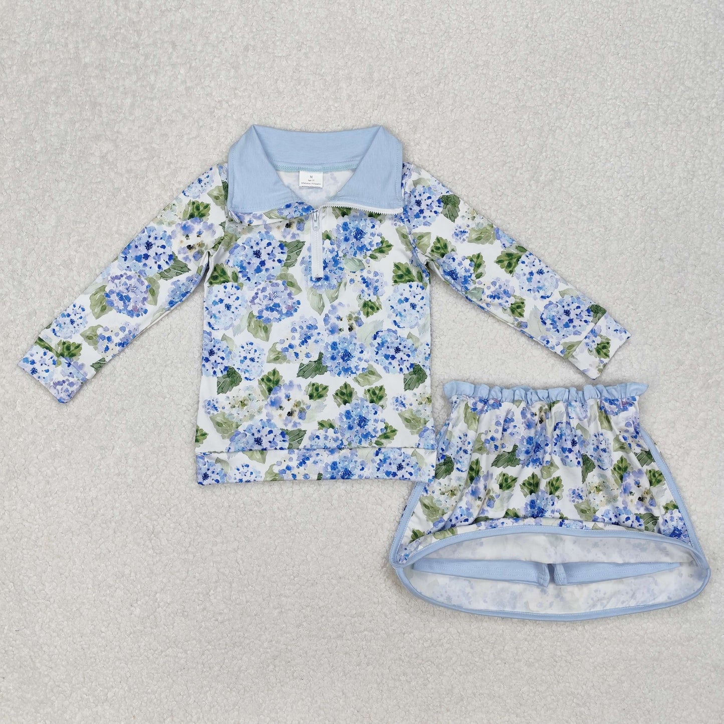 GLD1016 Blue White Flower hydrangea Zip stand-up long sleeve Top ruffle skirts girls boutique summer sets 202503 RTS