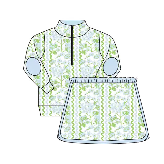 preorder GLD1017 Green Blue Flower Leaf Stand-up zip long sleeve top skirts shorts sets girls Milk Silk Boutique Outfit 202503