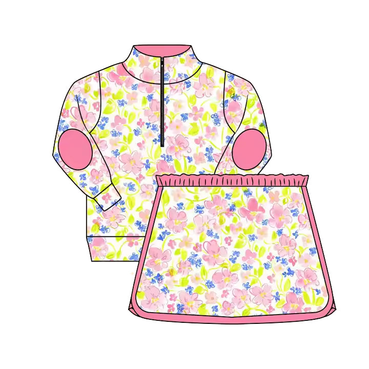 preorder GLD1018 Pink Yellow Flower Stand-up zip long sleeve top skirts shorts sets girls Milk Silk Boutique Outfit 202503