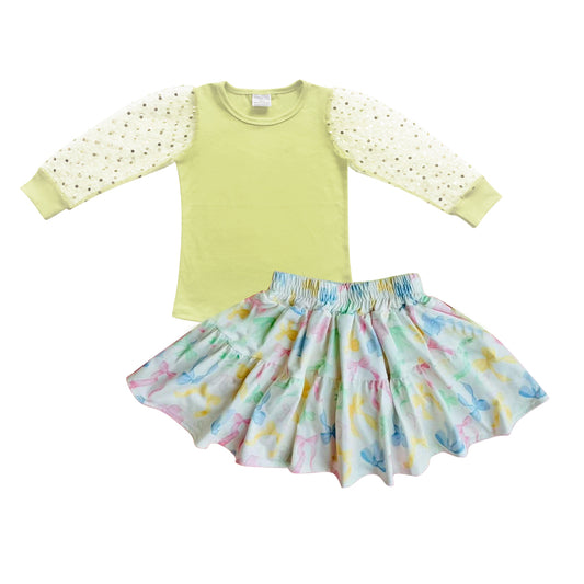preorder GLD1020 Yellow Green Sequin Long Sleeve Top Colored Bows Pleated Skirts Shorts Sets Girls Boutique Outfit 202503