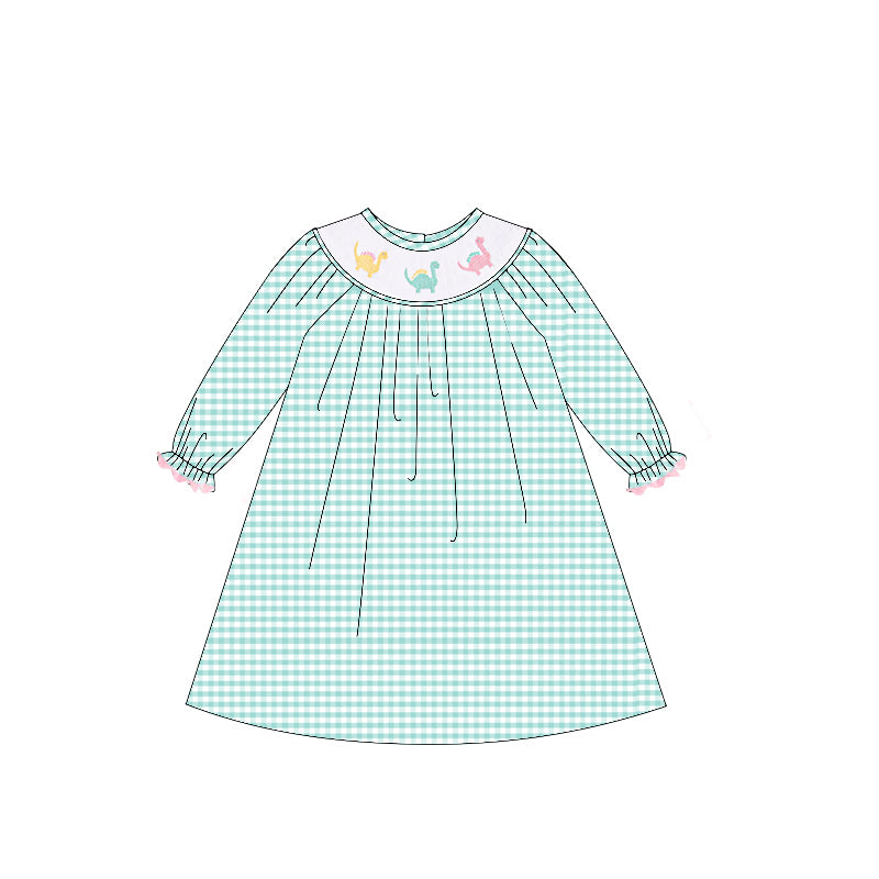 preorder GLD1022 Dinosaur Green White Plaid Long Sleeve Dress Smocked Girls Boutique Outfits 202504