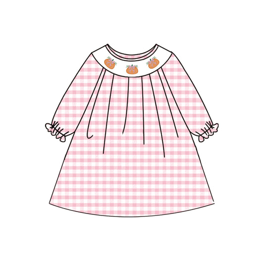 preorder GLD1024 Pumpkin Pink Plaid Long Sleeve Dress Smocked Girls Boutique Outfits 202504