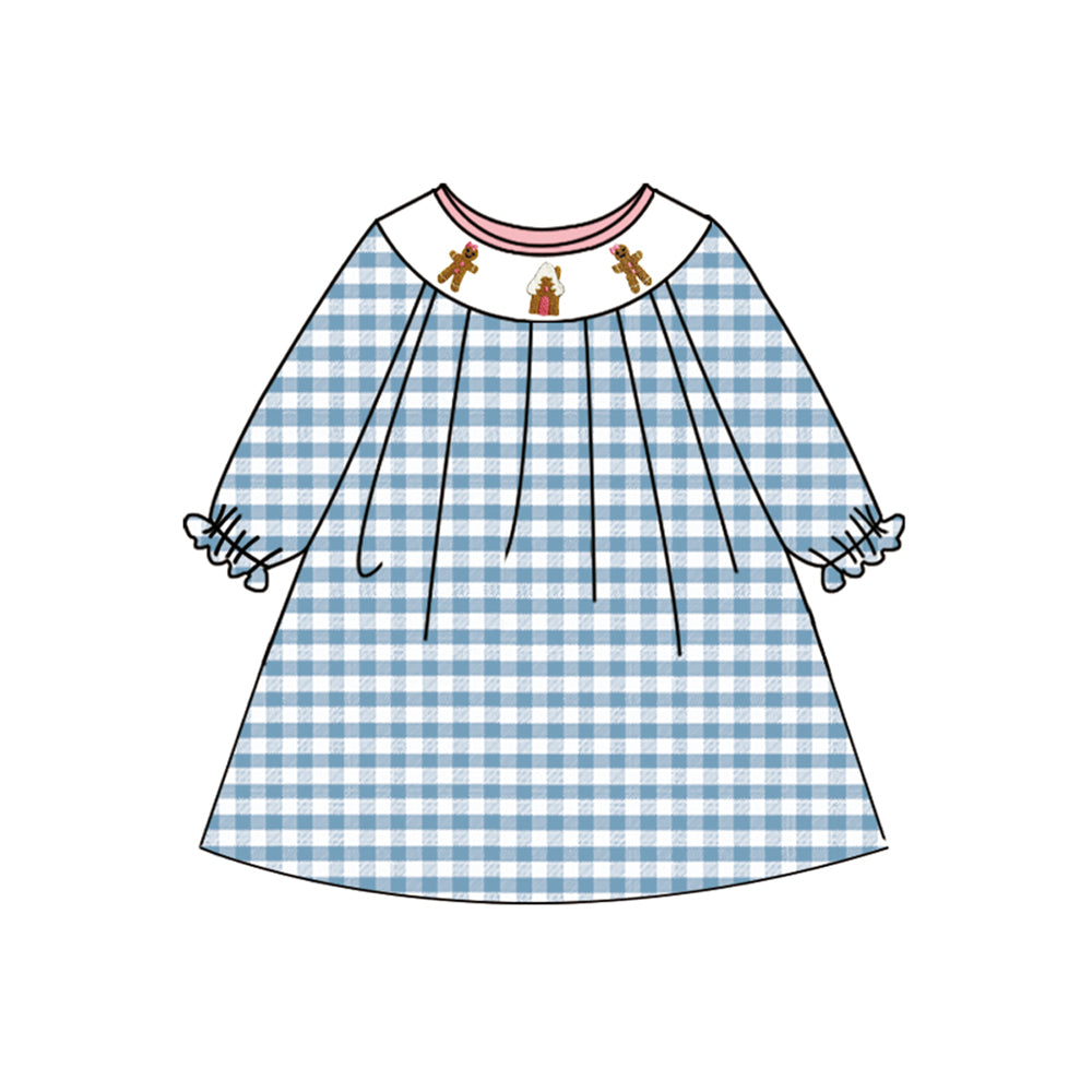 preorder GLD1029 Merry Christmas Gingerbread Man Blue Plaid Long Sleeve Dress Smocked Girls Boutique Outfits 202504