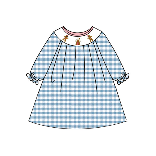 preorder GLD1029 Merry Christmas Gingerbread Man Blue Plaid Long Sleeve Dress Smocked Girls Boutique Outfits 202504