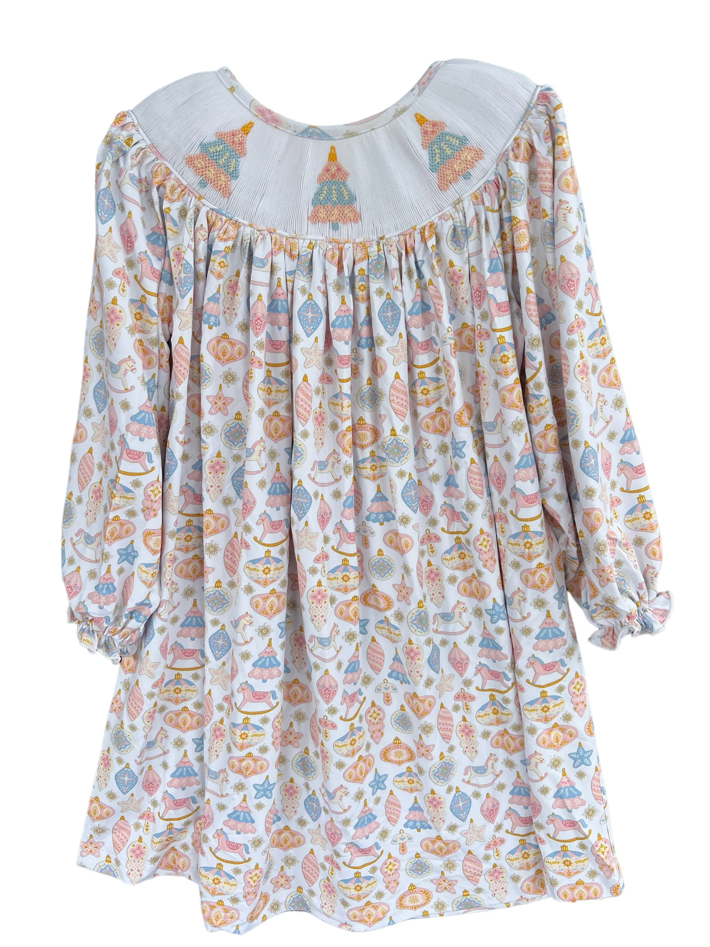 preorder GLD1030 Merry Christmas Tree White Orange Long Sleeve Dress Smocked Girls Boutique Outfits 202504