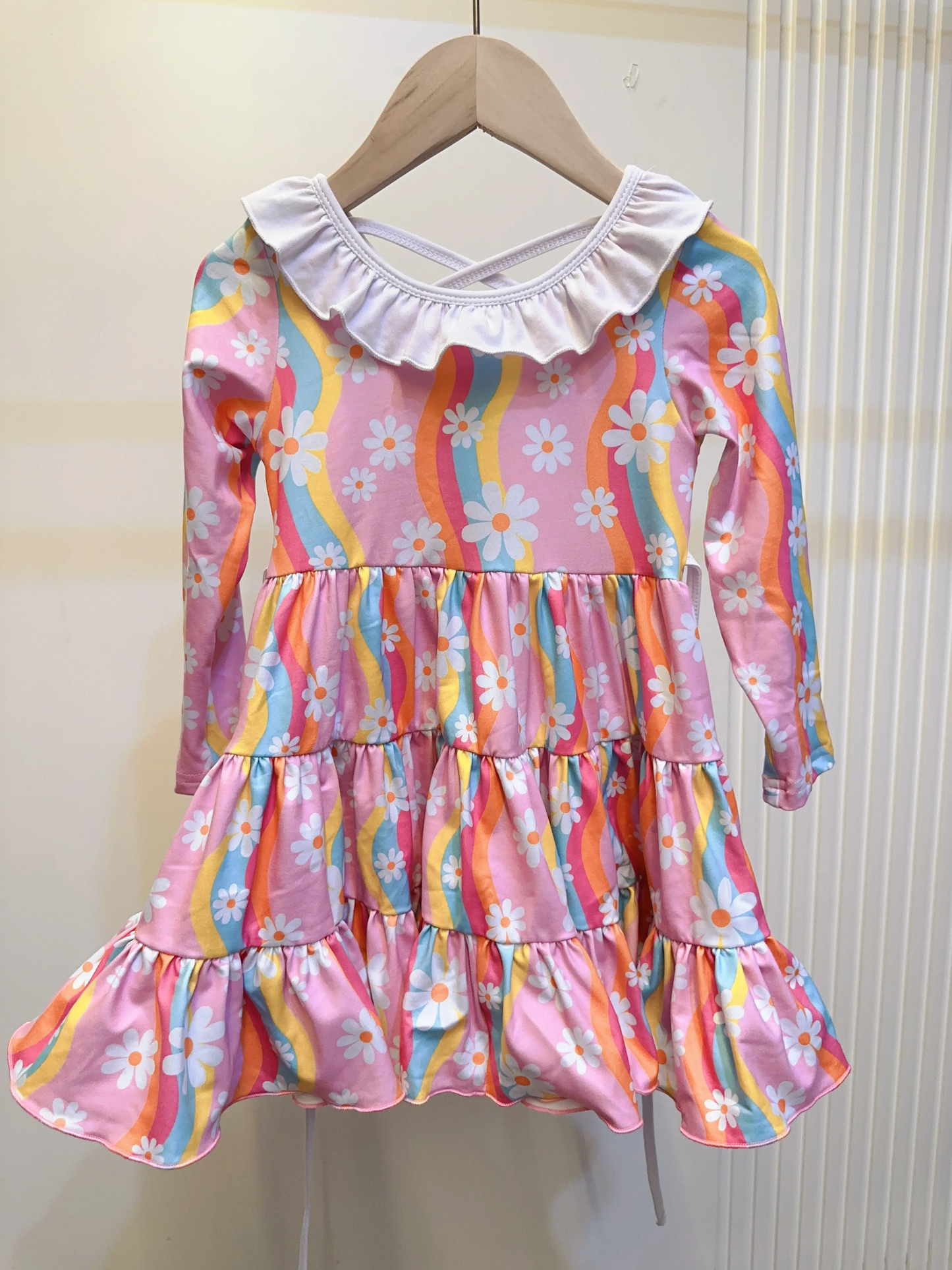 Preorder GLD1033 Flower Pink Rainbow Ruffle Long Sleeve Dress Girls Boutique Outfit 202505