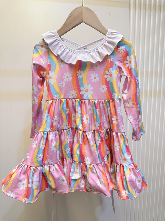Preorder GLD1033 Flower Pink Rainbow Ruffle Long Sleeve Dress Girls Boutique Outfit 202505
