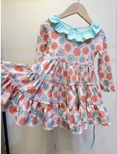 Preorder GLD1034 Flower Pink Blue Ruffle Long Sleeve Dress Girls Boutique Outfit 202505