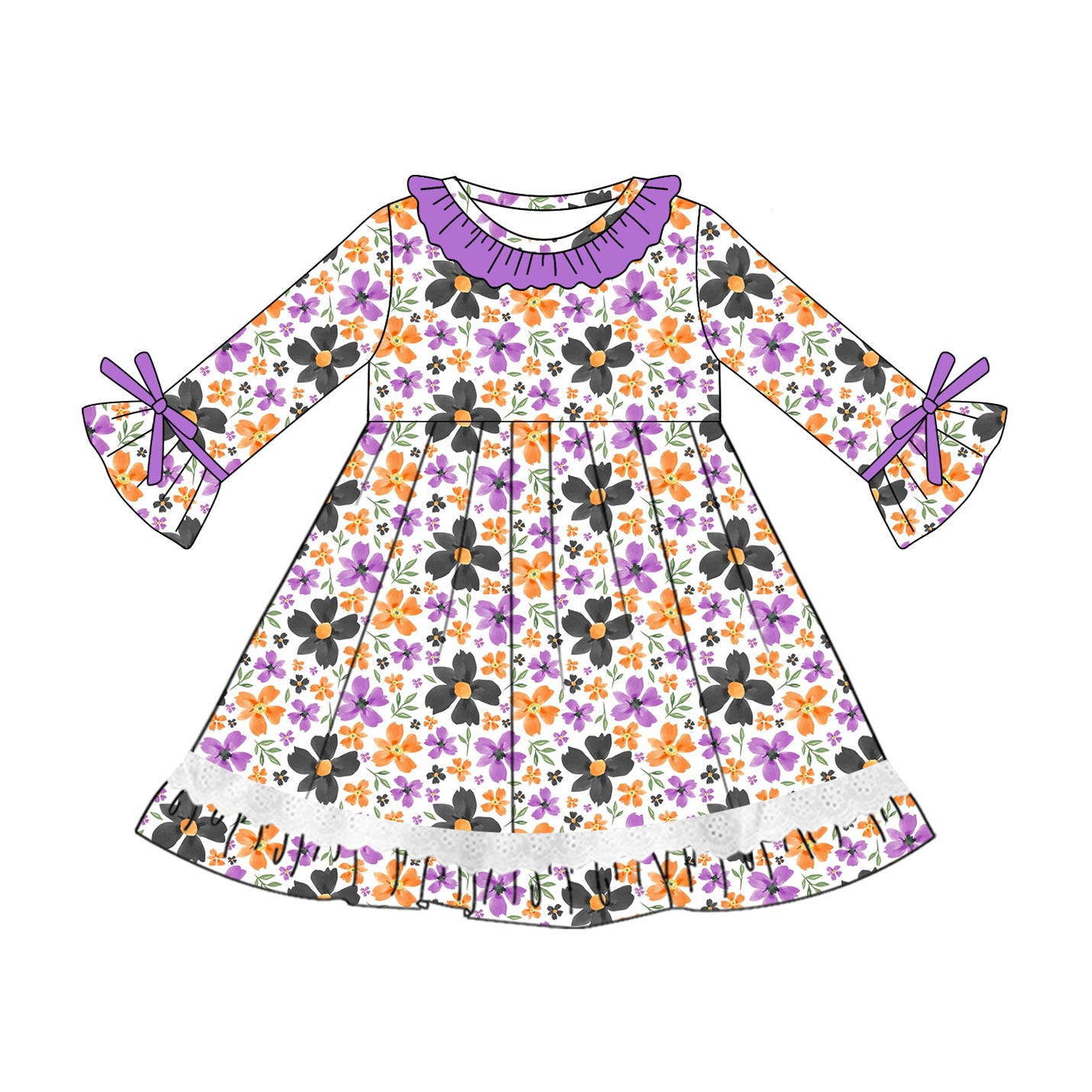 Preorder GLD1039 Halloween Orange Purple Black Flower Leaf Lace Long Sleeves Dress Girls Boutique Outfit 202505