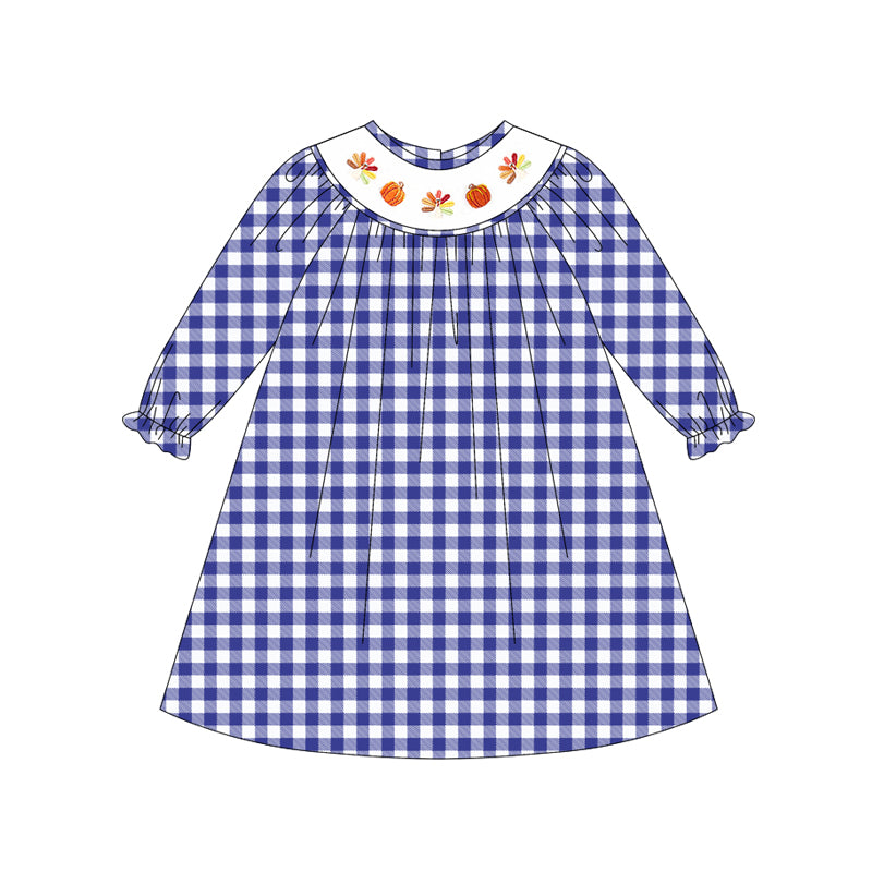 Preorder GLD1041-Smocked Turkey Pumpkin Blue and White Plaid Long Sleeve Dress Girls Boutique Outfit 202505