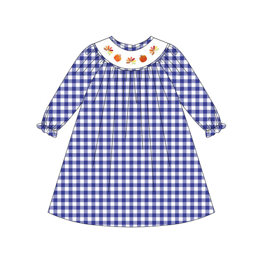 Preorder GLD1041-Smocked Turkey Pumpkin Blue and White Plaid Long Sleeve Dress Girls Boutique Outfit 202505