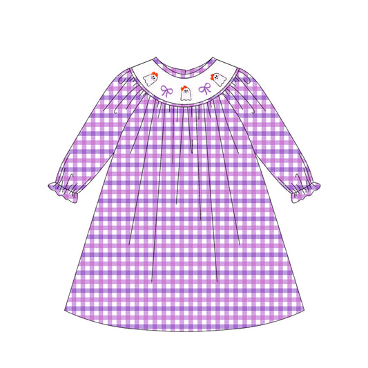 Preorder GLD1043-Smocked  Halloween Ghost Bow Purple White Long Sleeves Dress Girls Boutique Outfit  202505