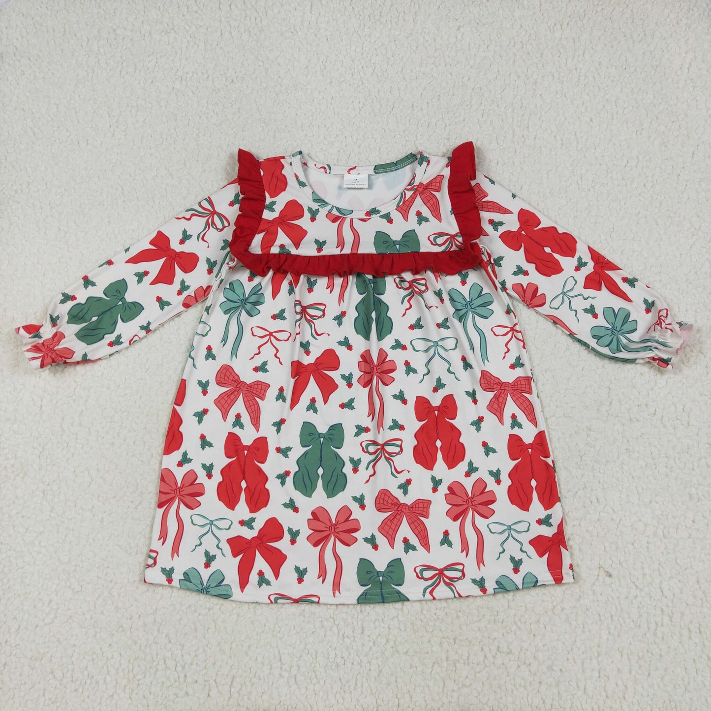 GLD1046 Merry Christmas Red Green Bows Ruffle Long Sleeve Dress Girls Boutique Outfit 202506 RTS