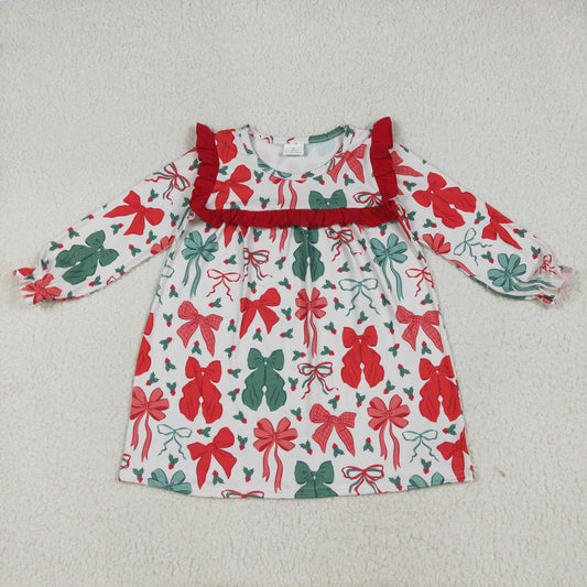 GLD1046 Merry Christmas Red Green Bows Ruffle Long Sleeve Dress Girls Boutique Outfit 202506 RTS