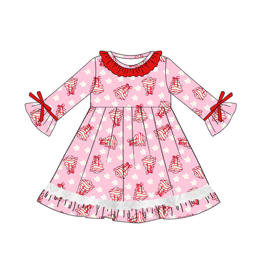 Preorder GLD1050 Flower Bow Santa Tree Red Ruffle Pink Long Sleeve Dress Girls Boutique Outfit 202505