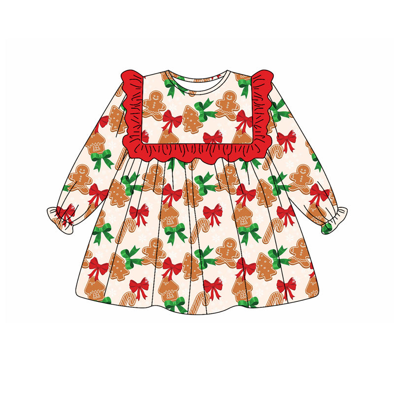 Preorder GLD1051 Gingerbread Man Christmas Tree Red Green Bows Long Sleeve Dress Girls Boutique Outfit 202505