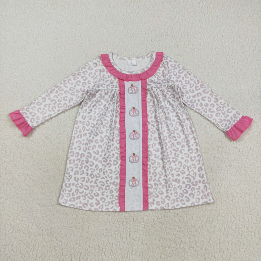 GLD1054 Embroidered Leopard Pumpkin Turkey Pink Ruffle Long Sleeve Dresses for Girls 202508 RTS