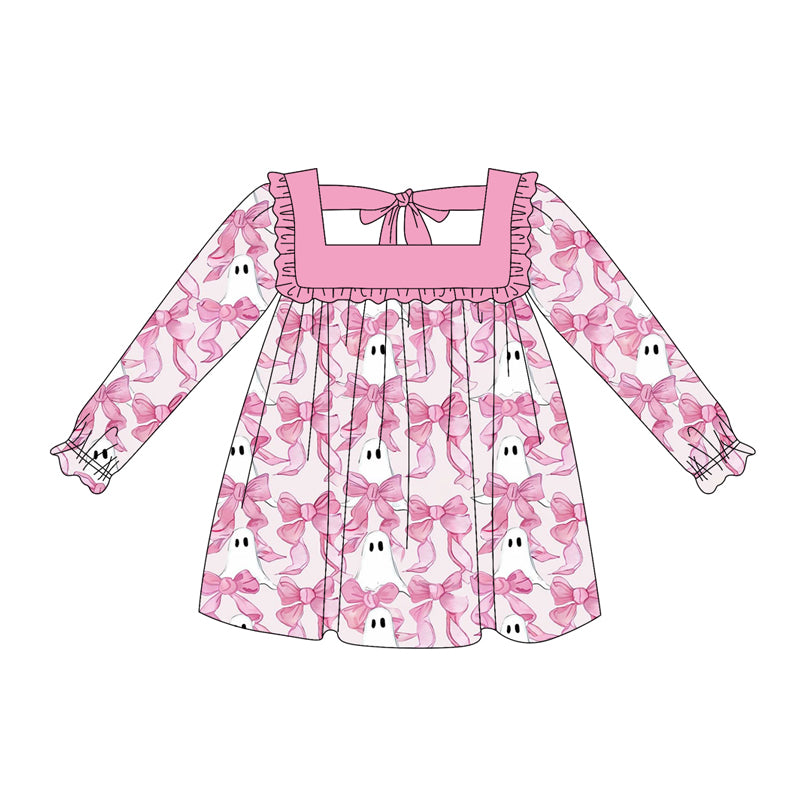 Preorder GLD1059 Halloween Ghost Bow Pink Ruffle Long Sleeve Dress Girls Boutique Outfit 202505