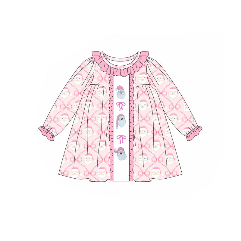 Preorder GLD1061 Santa Claus Bow Plaid Pink Ruffle Long Sleeve Dress Girls Boutique Outfit 202505