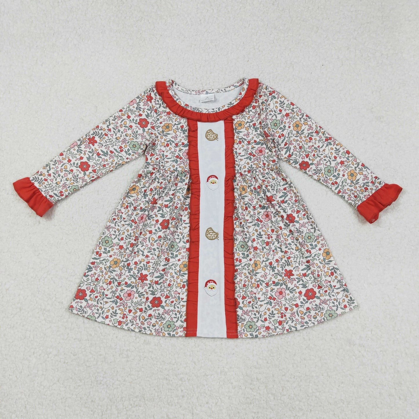 GLD1062 Embroidered Cookies Santa Claus Flowers Leaves Red Ruffle Long Sleeve Dresses for Girls 202509 RTS