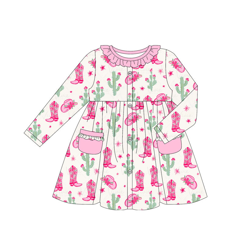 Preorder GLD1063 Flower Boots Cactus Pocket Pink Ruffle Beige Long Sleeve Dress Girls Boutique Outfit 202505