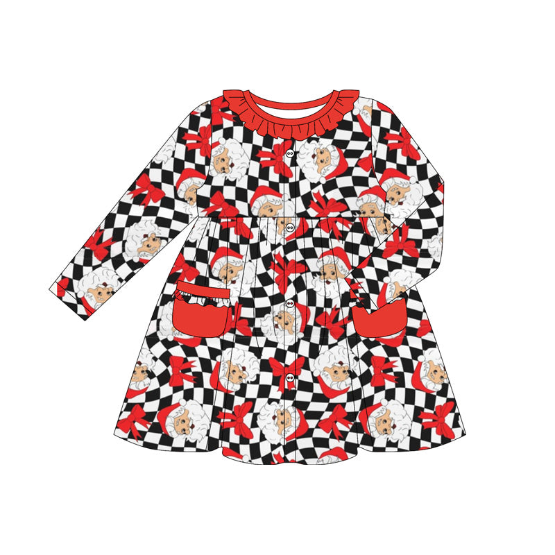 Preorder GLD1064 Santa Claus Bow Plaid Pockets Red Riffle Long Sleeve Dress Girls Boutique Outfit 202505