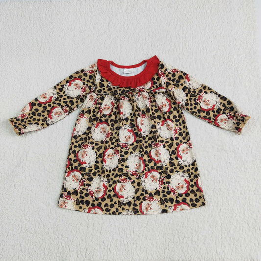 GLD1065 Santa Claus Leopard Red Riffle Long Sleeve Dress Girls Boutique Outfit 202506 RTS