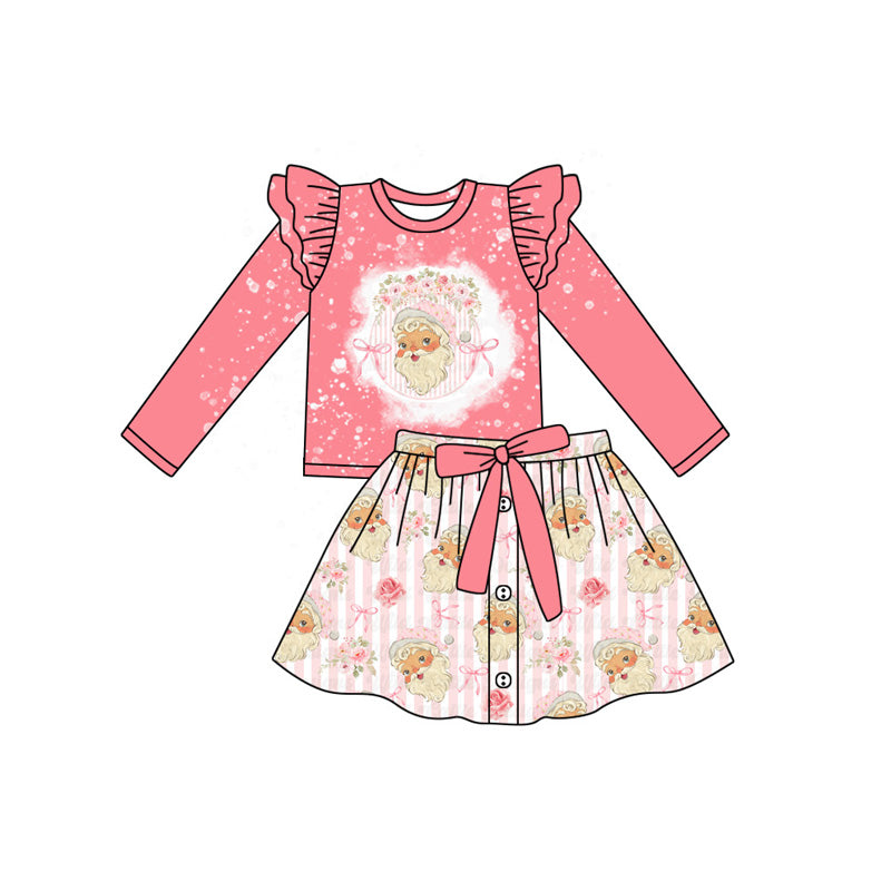 Preorder GLD1067 Santa Claus Flower Bow Pink Long Sleeve Striped Button Skirt Suit Girls Boutique Outfit 202505
