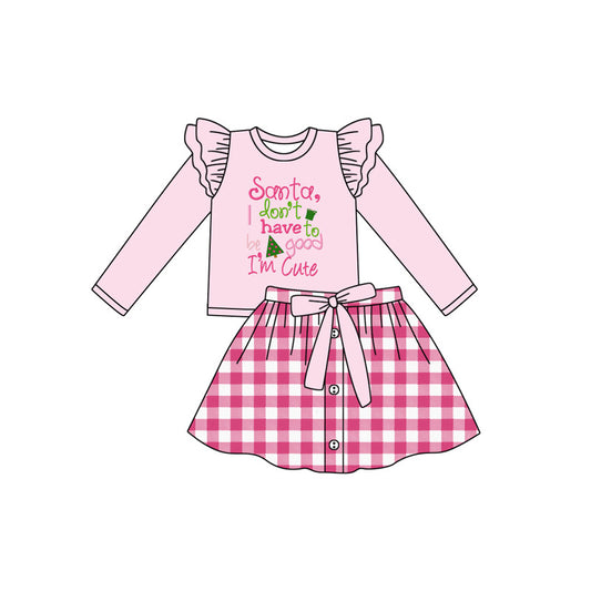 Preorder GLD1068 Merry Christmas Santa Letter Flower Bow Pink Long Sleeve Plaid Button Skirt Suit Girls Boutique Outfit 202505