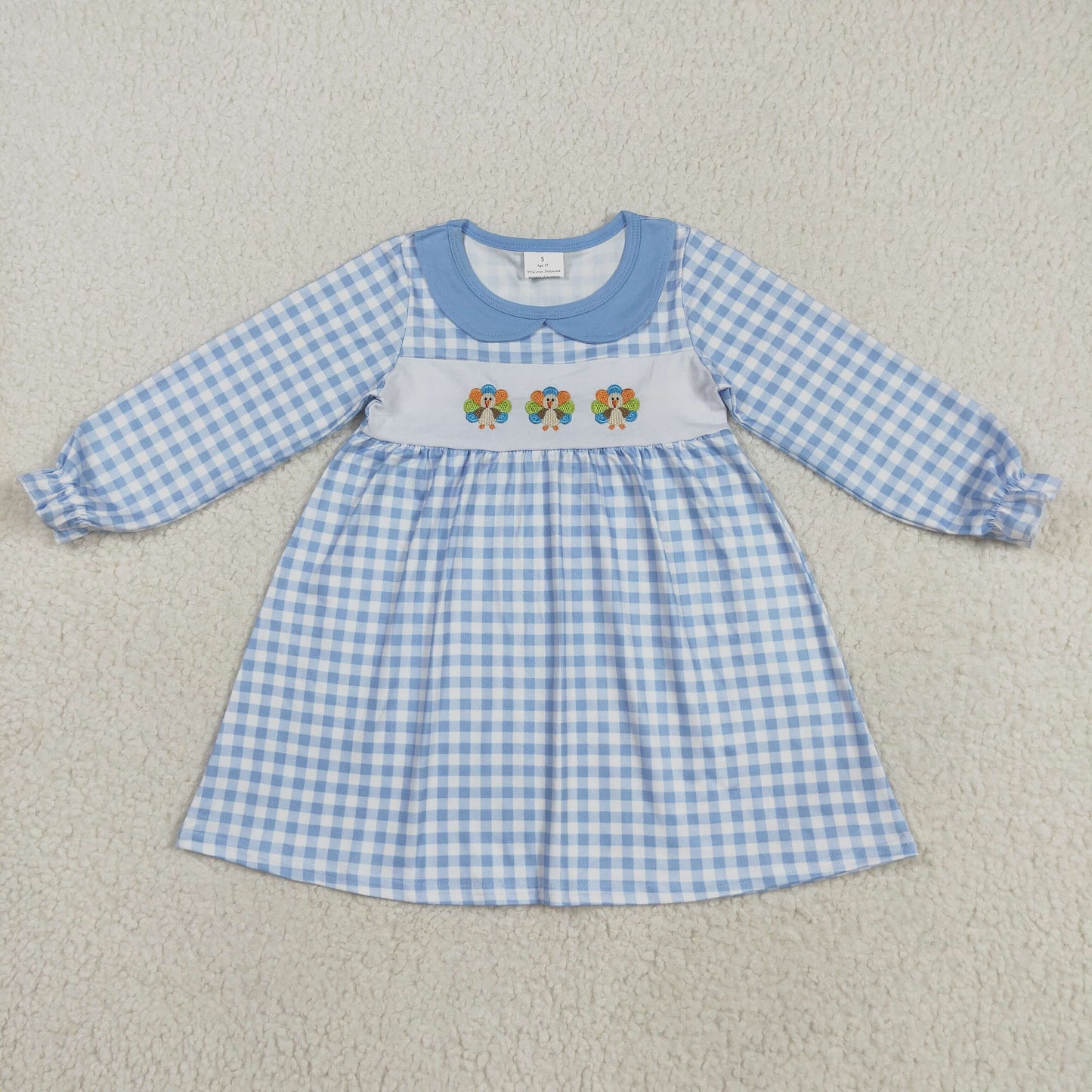 GLD1070 Embroidered Turkey Blue Plaid Baby Collar Long Sleeve Girls Dresses 202508 RTS