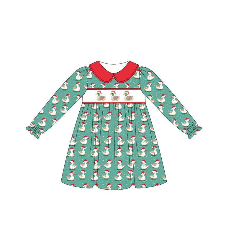 Preorder GLD1074 Christmas Hat Duck Red Doll Collar Green Long Sleeve Dress Girls Boutique Outfit 202505