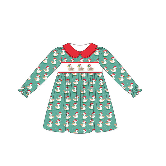 Preorder GLD1074 Christmas Hat Duck Red Doll Collar Green Long Sleeve Dress Girls Boutique Outfit 202505