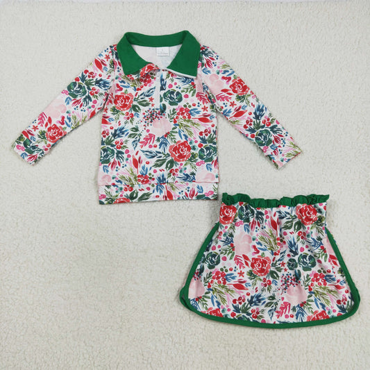GLD1075 Flower Leaf Green White Zipper Long Sleeve Skirt Girls Set 202508 RTS