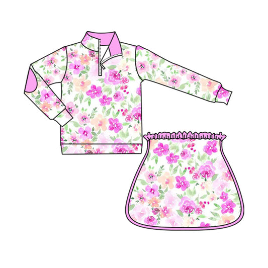 Preorder GLD1076 Rose Red Flower Leaves White Zipper Long Sleeve Skirt Suit Girls Boutique Outfit 202505