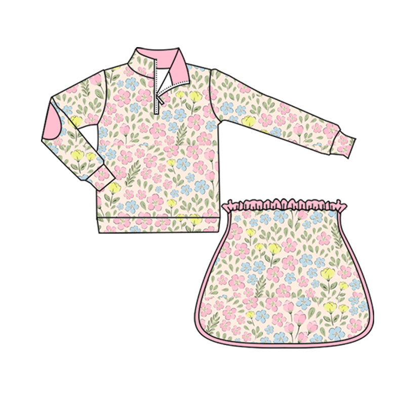Preorder GLD1077 Beige Flower Leaf Zipper Long Sleeve Skirt Set Girls Boutique Outfit 202505