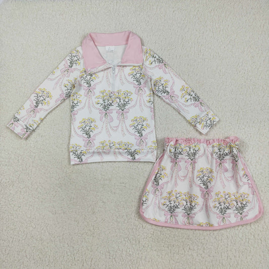 GLD1078 Pink White Flower Bouquet Bow Long Sleeve Skirt Girls Set 202508 RTS