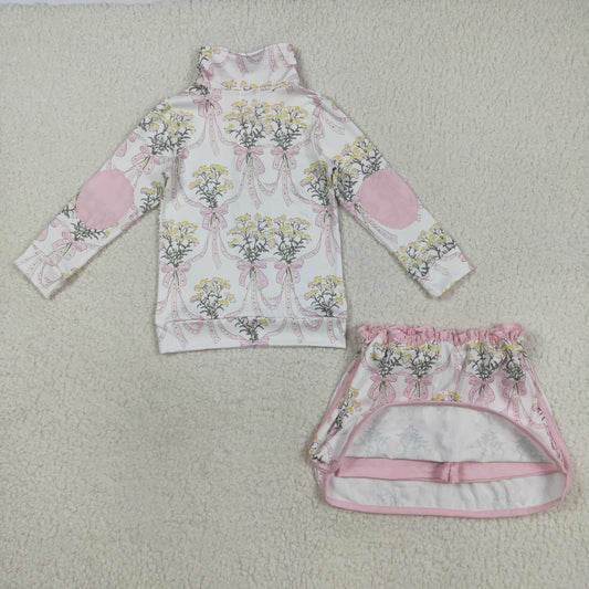 GLD1078 Pink White Flower Bouquet Bow Long Sleeve Skirt Girls Set 202508 RTS