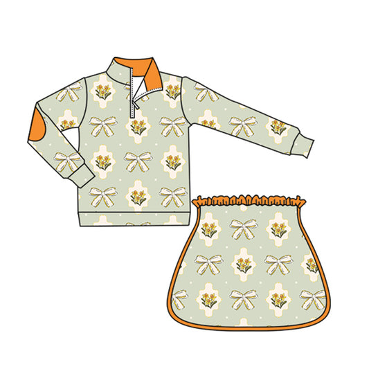 Preorder GLD1079 Floral Bow Pattern Lime Green Zipper Long Sleeve Skirt Set Girls Boutique Outfit 202505