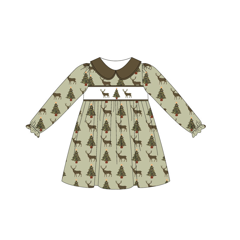 Preorder GLD1081 Elk Christmas Tree Green Doll Collar Long Sleeve Dress Girls Boutique Outfit 202505