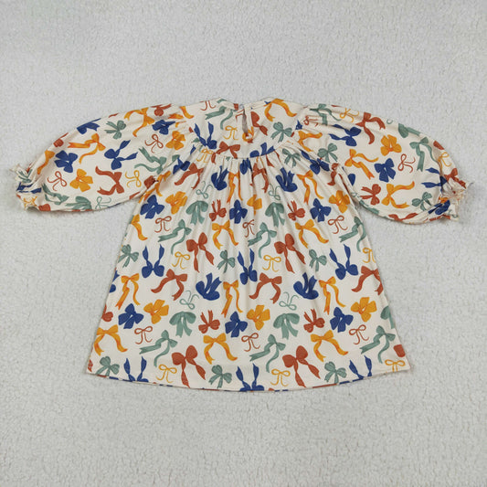 GLD1086 Smocked Thankful Bow Brown Long Sleeves Dresses for Girls 202507 RTS