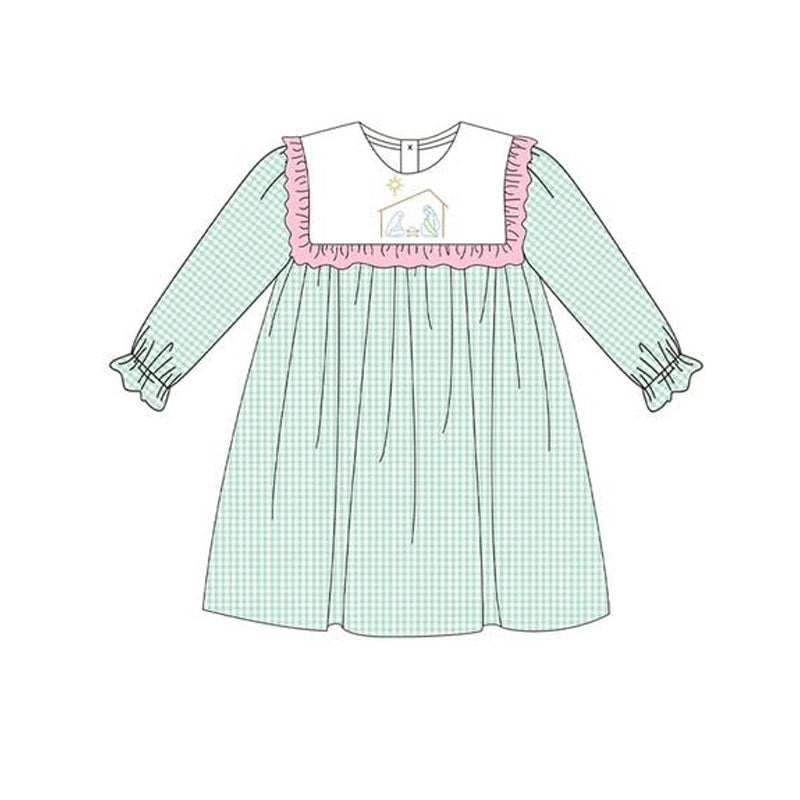 Preorder GLD1088 Christmas Jesus Pink Ruffle Blue Green Plaid Long Sleeves Dress Girls Boutique Outfit 202505