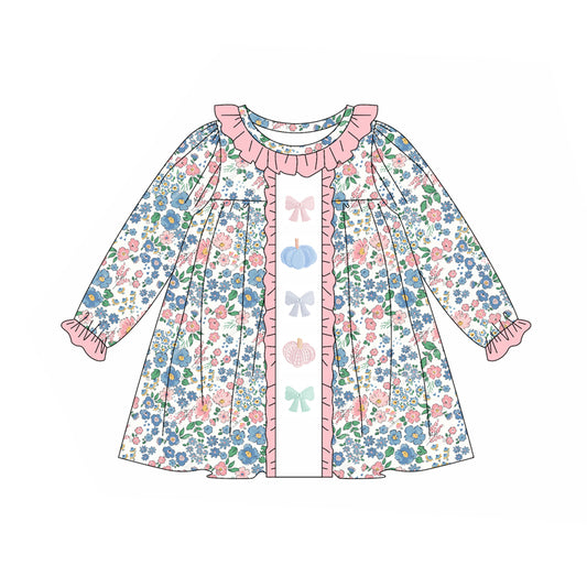 Preorder GLD1090 Girls Boutique Pumpkin Bows Blue Pink Ruffle Long Sleeves Dress 202505