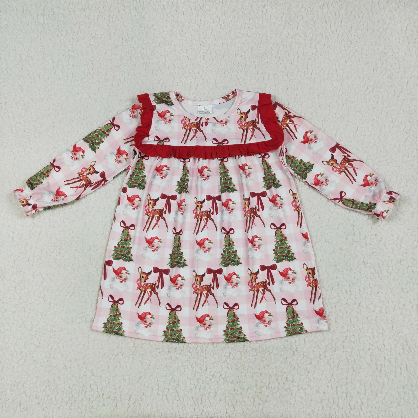 GLD1092 Girls Boutique Santa Claus Tree Deer Red Ruffle Long Sleeves Dress 202506 RTS