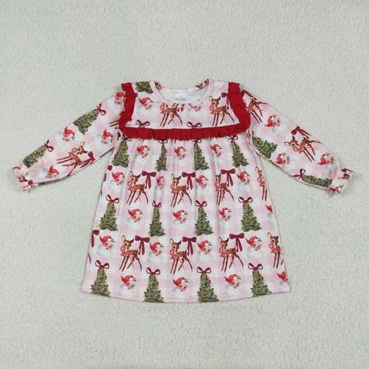 GLD1092 Girls Boutique Santa Claus Tree Deer Red Ruffle Long Sleeves Dress 202506 RTS